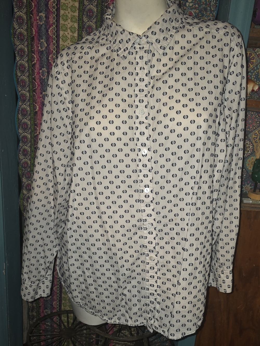 Foxcroft White Button-Down Shirt with Navy Dot Pattern